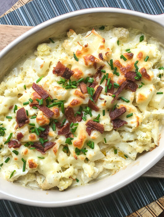 Loaded Veggie "Bacon" Cauliflower Au Gratin