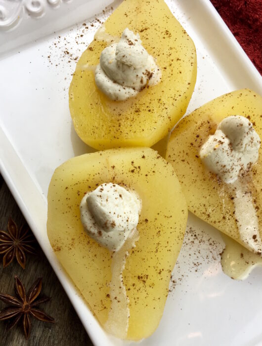 Poached Pears with Honey Mascarpone Cream